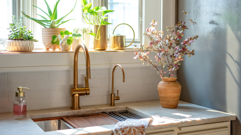 Brushed brass faucet over kitchen sink