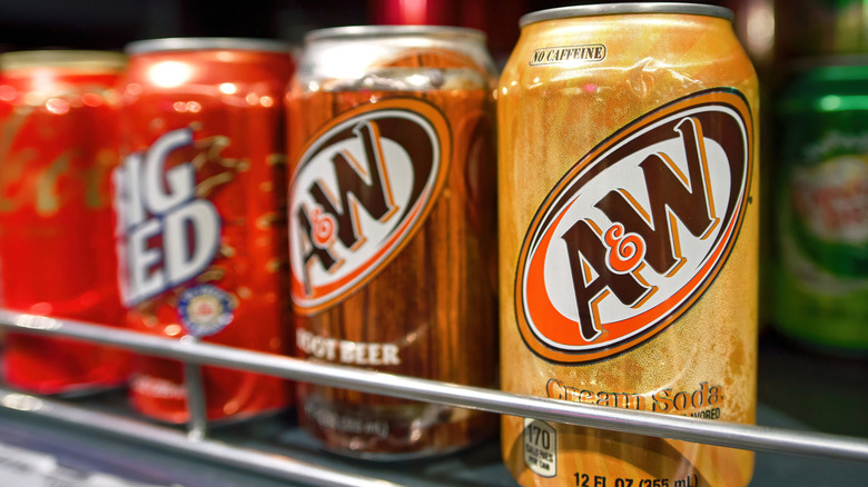 Cans of A&W cream soda on display