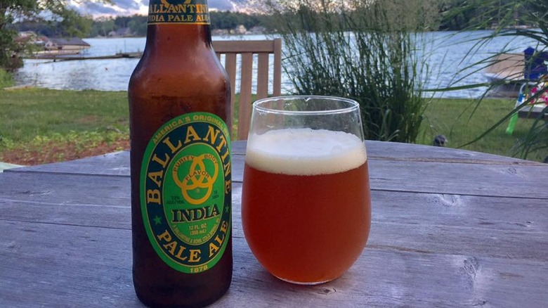 a bottle and glass of Ballantine IPA
