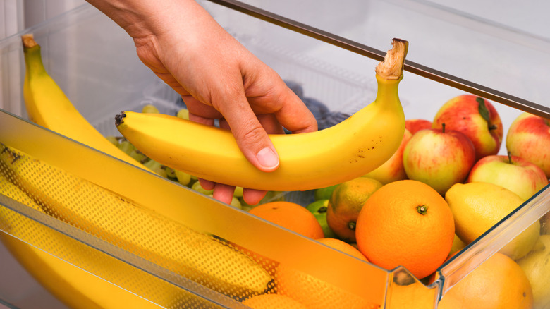 A person places a yellow banana into a fridge drawer.