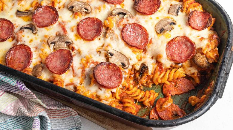 Pepperoni Pizza Pasta Bake in baking dish