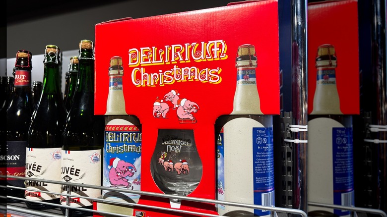 Christmas gift set for Delirium beer on a store shelf