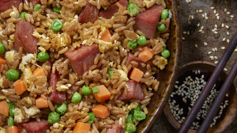 Fried rice with SPAM, peas, and carrots.