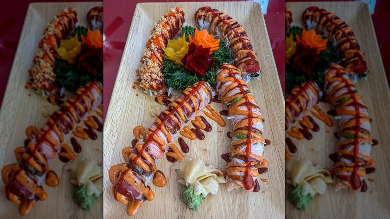 sushi plated in pretty patterns