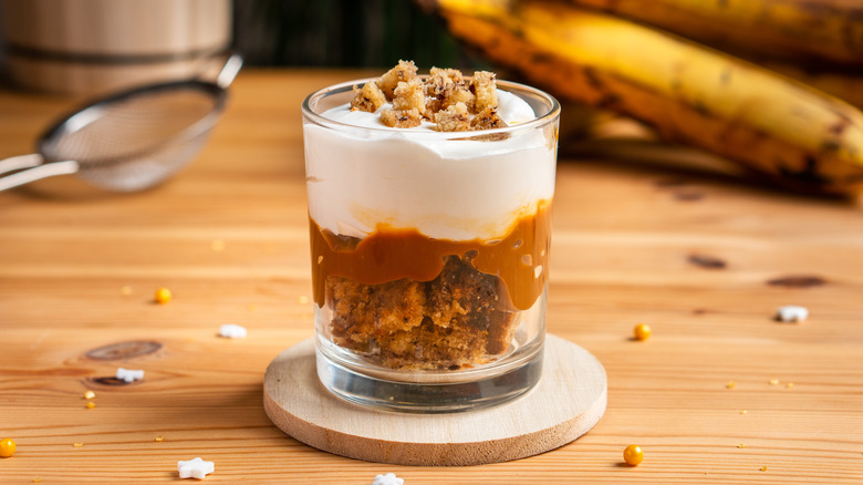 Banana bread trifle on a wooden table