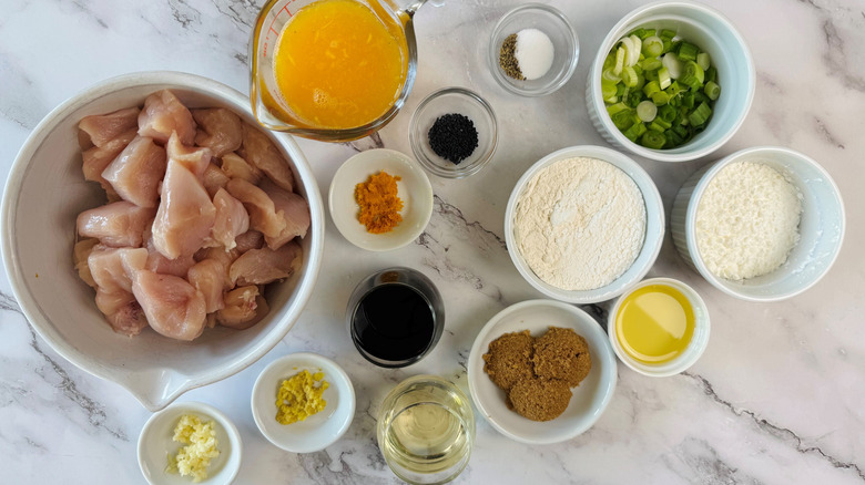 orange chicken ingredients in bowls