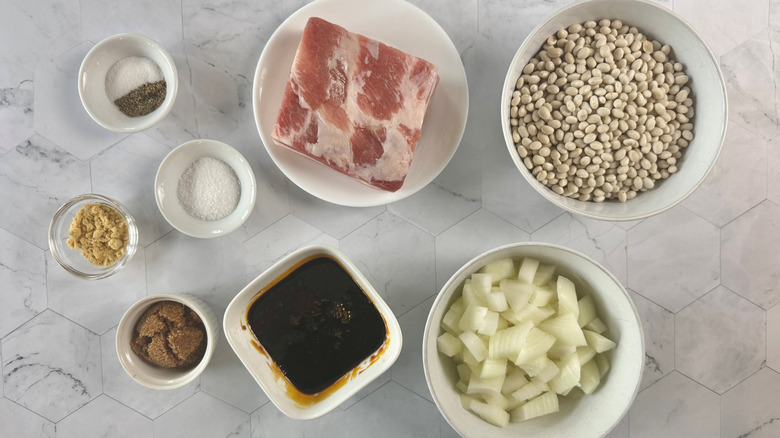 Boston baked bean ingredients on counter