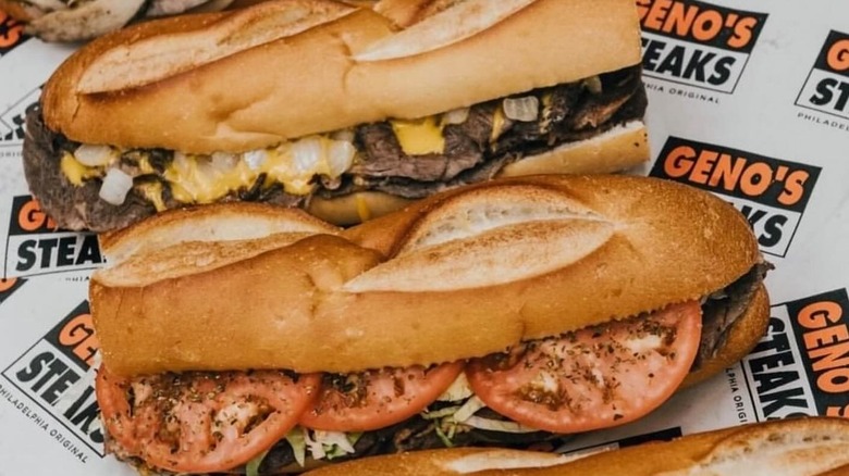 Cheesesteaks from Geno's on paper