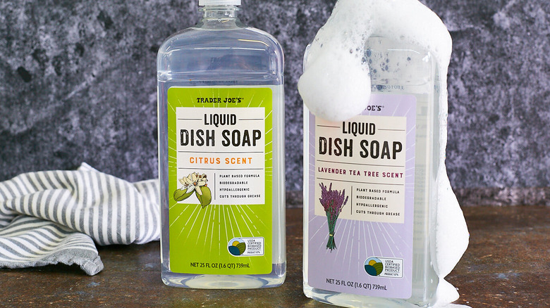 Bottles of Lavender﻿ Tea Tree and Citrus dish soaps from Trader Joe's