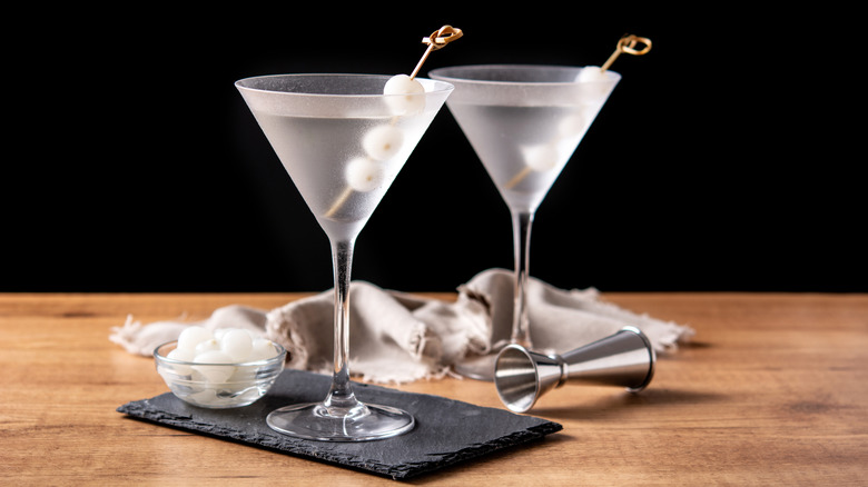 Two Gibson cocktails in chilled glasses