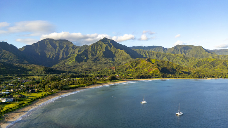 Two boats in a bay off coastline of Hawaii