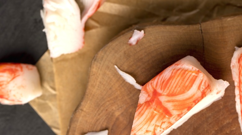 imitation crab chunks on table