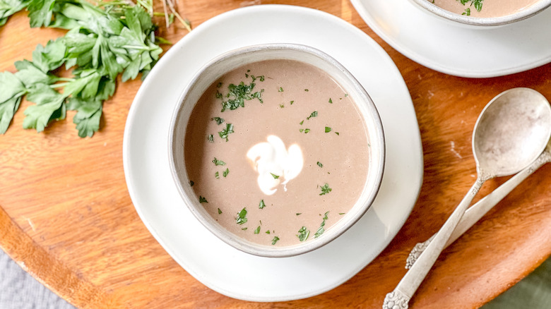 Bowl of porcini mushroom herb soup
