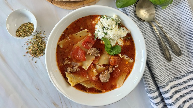 tomato soup with striped towel