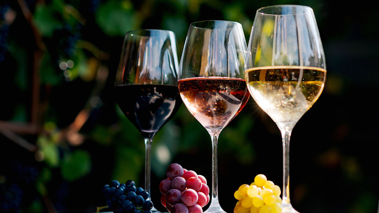 Three glasses of different wines with forest background