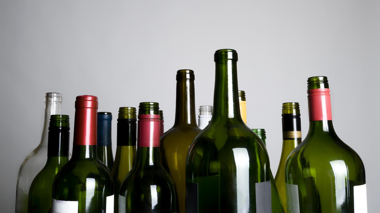 A line of uncorked wine bottles of varying sizes