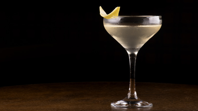 A vesper martini against a black background