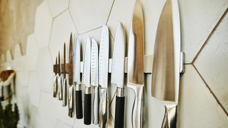 Wall of sharp kitchen knives