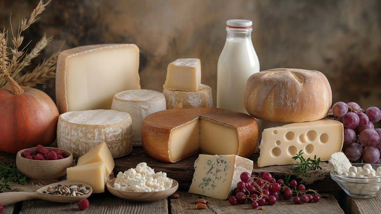 Spread of different kinds of cheese on wooden table