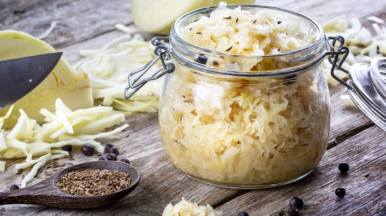 Homemade sauerkraut with cumin and juniper berries