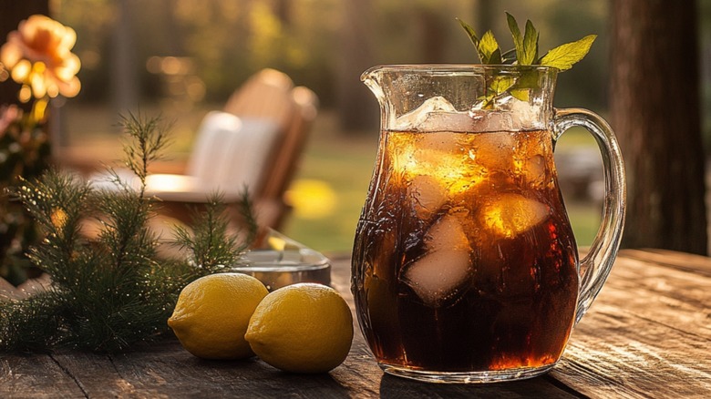 Pitcher of iced tea on outdoor table