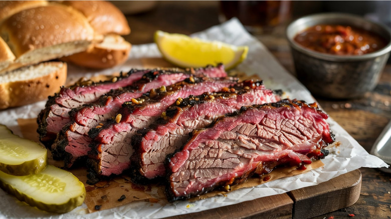 Slices of smoked brisket with prominent smoke rings