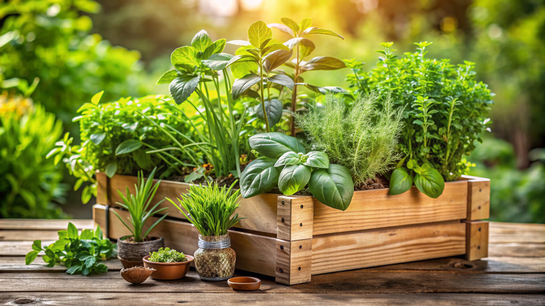 A wooden box full of fresh herbs from a garden