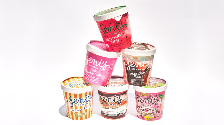 Jeni's pints stacked on top of each other