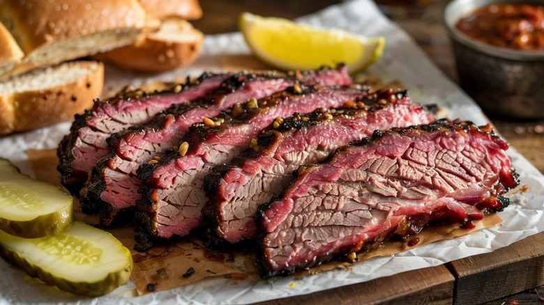 Sliced brisket served with pickles, sauce, and bread