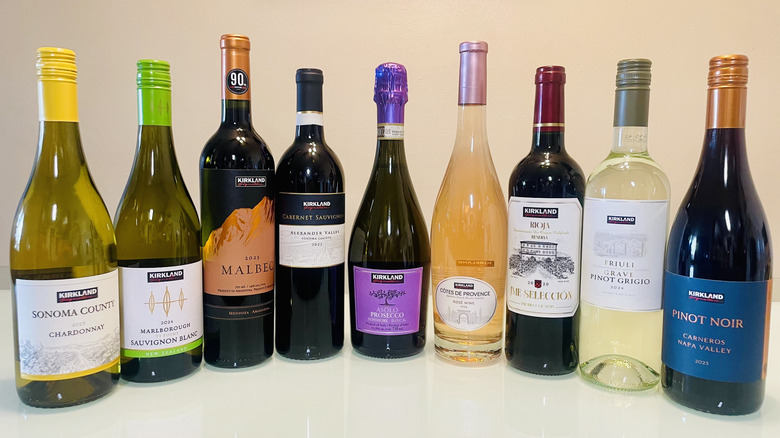 Various Kirkland Signature wines lined-up on table