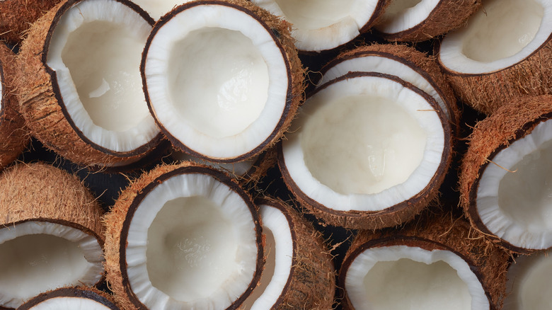A pile of sliced open coconuts.