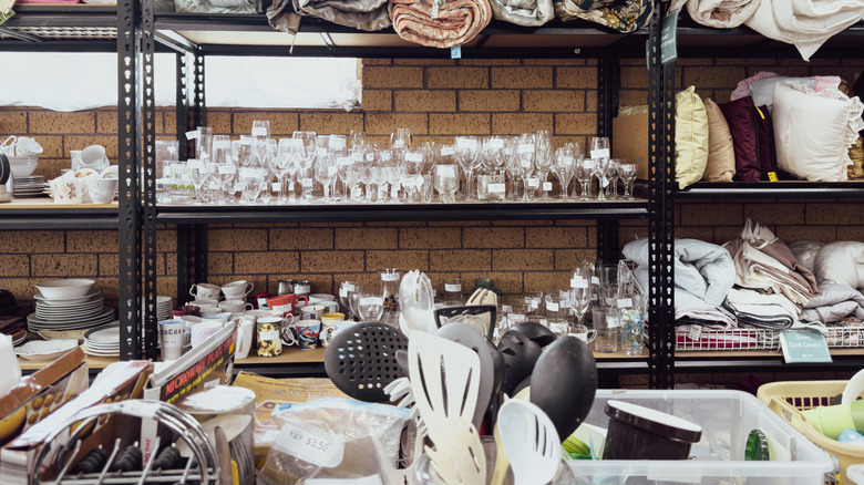 A thrift store displaying various kitchenware