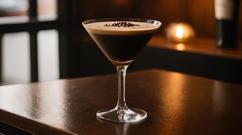 An espresso martini on a wooden table