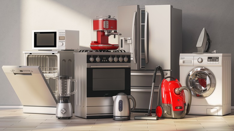 Kitchen appliances such as a refrigerator, microwave, and oven