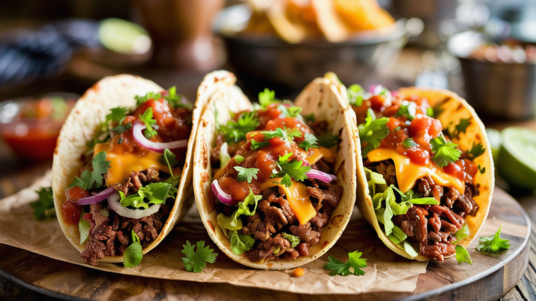 Three beef tacos