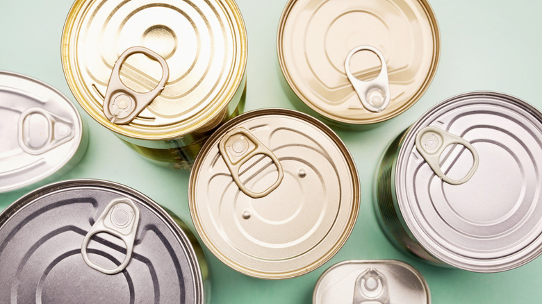 A variety of canned goods can be seen overhead, siting on a green surface