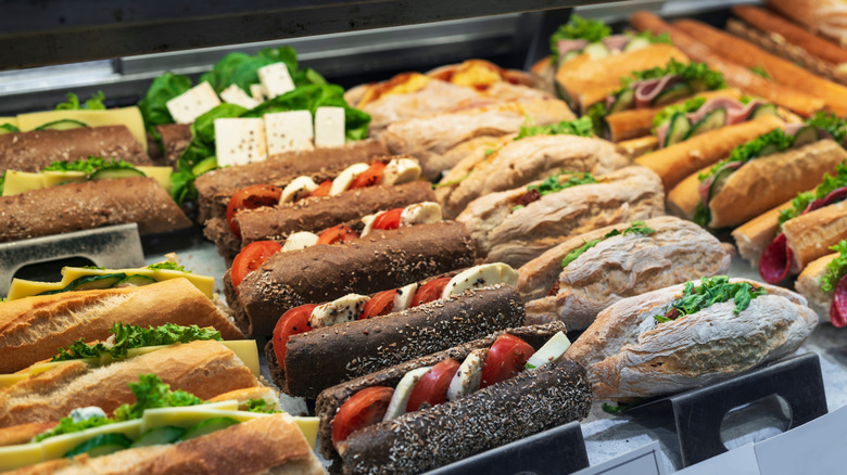 A selection of sandwiches on sale at a deli