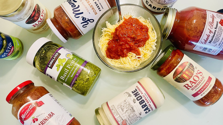 an array of different jarred pasta sauces