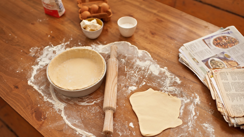 pie dough rolled out in kitchen