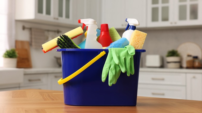 Bucket with cleaning supplies in kitchen