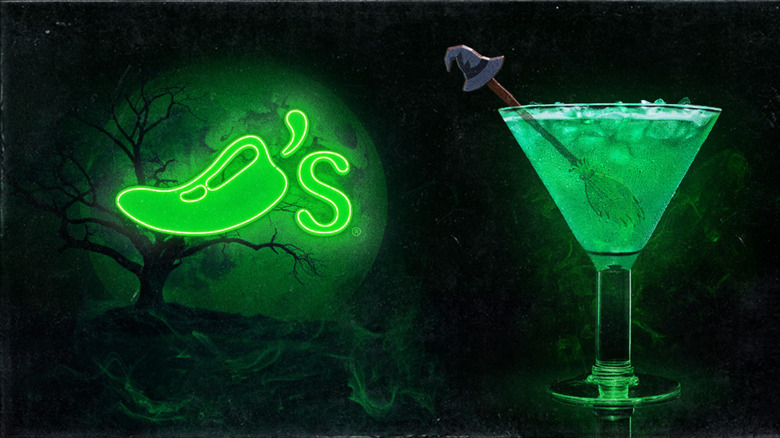 A spooky Chili's logo with a witches' margarita glowing green