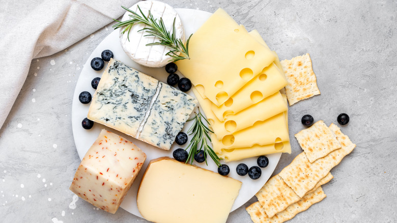 A cheese platter with blue cheese, Swiss, roquefort, and other cheeses.