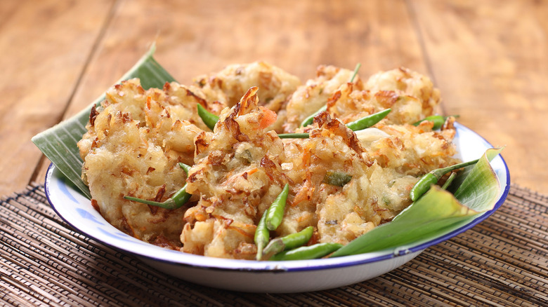 Deep fried veggie fritters in a bowl