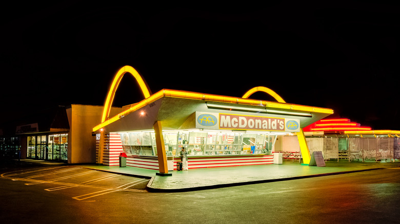 The original signage and exterior of the first McDonald's restaurant