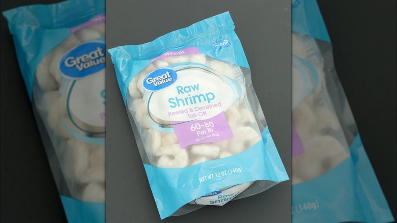 A bag of Great Value brand raw shrimp