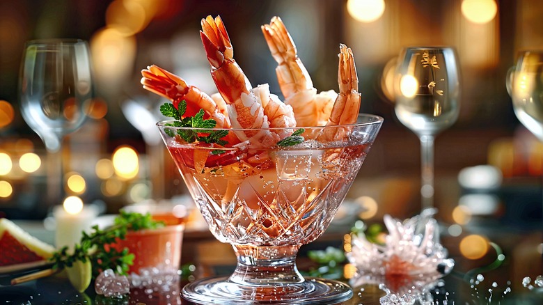 Shrimp cocktail surrounded by glasses