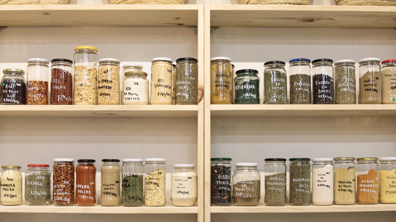 Labeld spices lined up in kitchen pantry shelves.