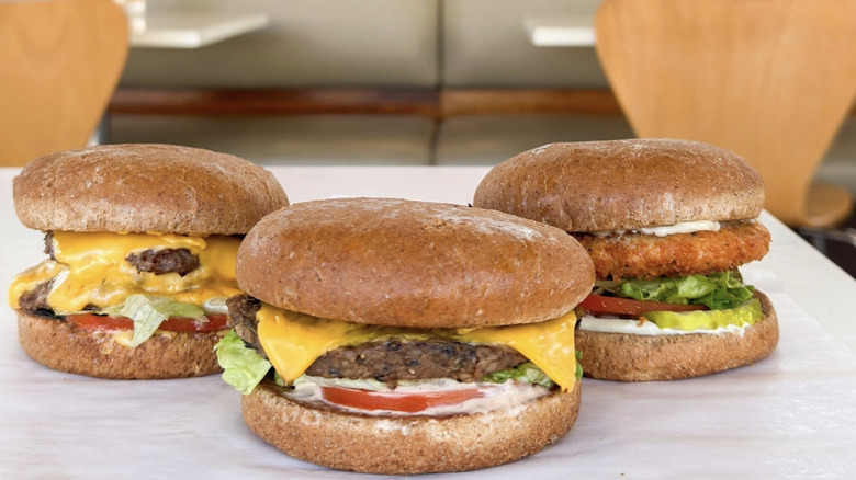 Three P. Terry's burgers on whole wheat buns