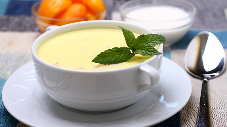 A bowl of cold peach soup
