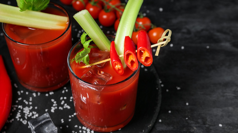 glasses of prepared Bloody Mary's pictured
